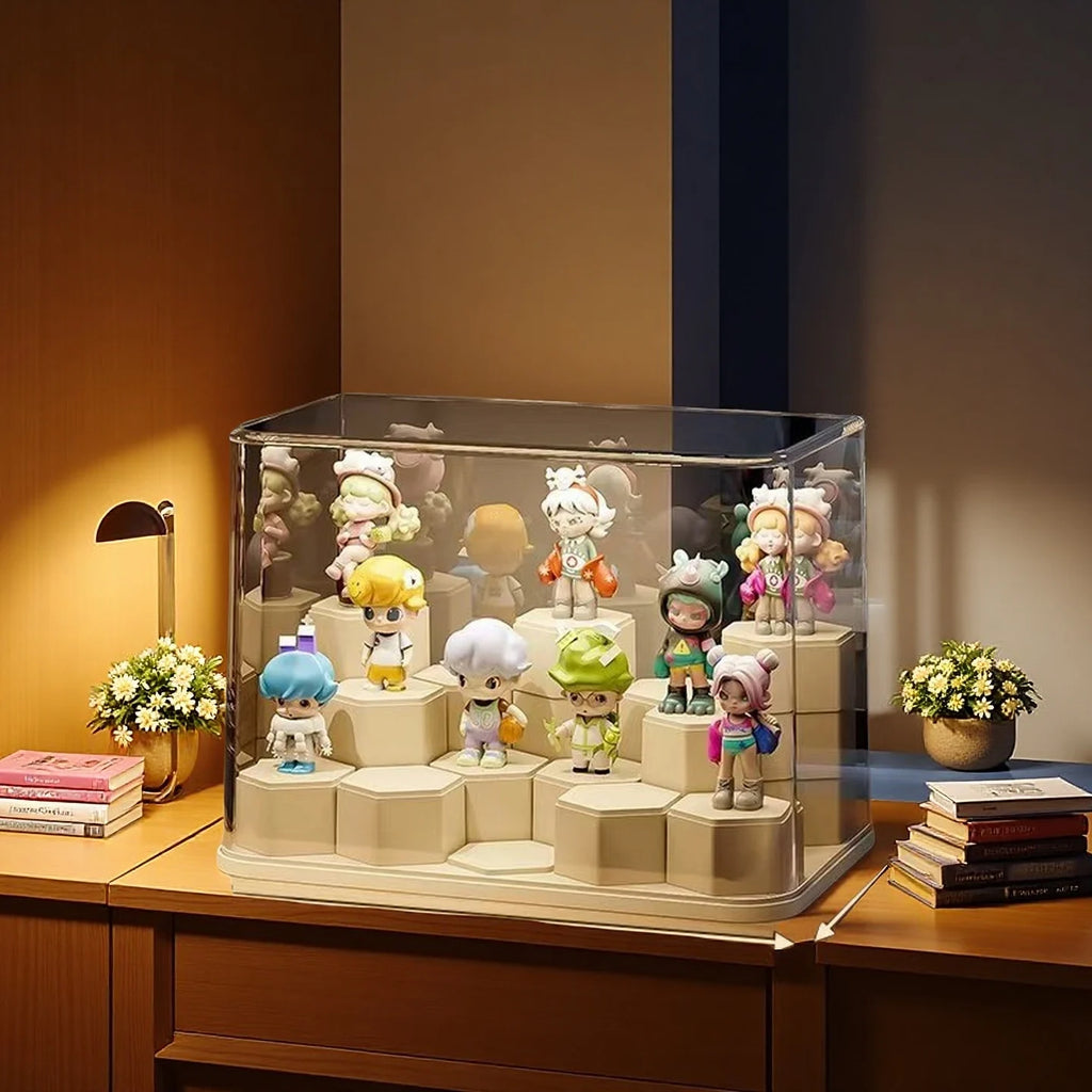 Estante de exhibición para figuras de cajas sorpresa, vitrina de acrílico transparente a prueba de polvo, para muñecos y adornos de bloques de construcción