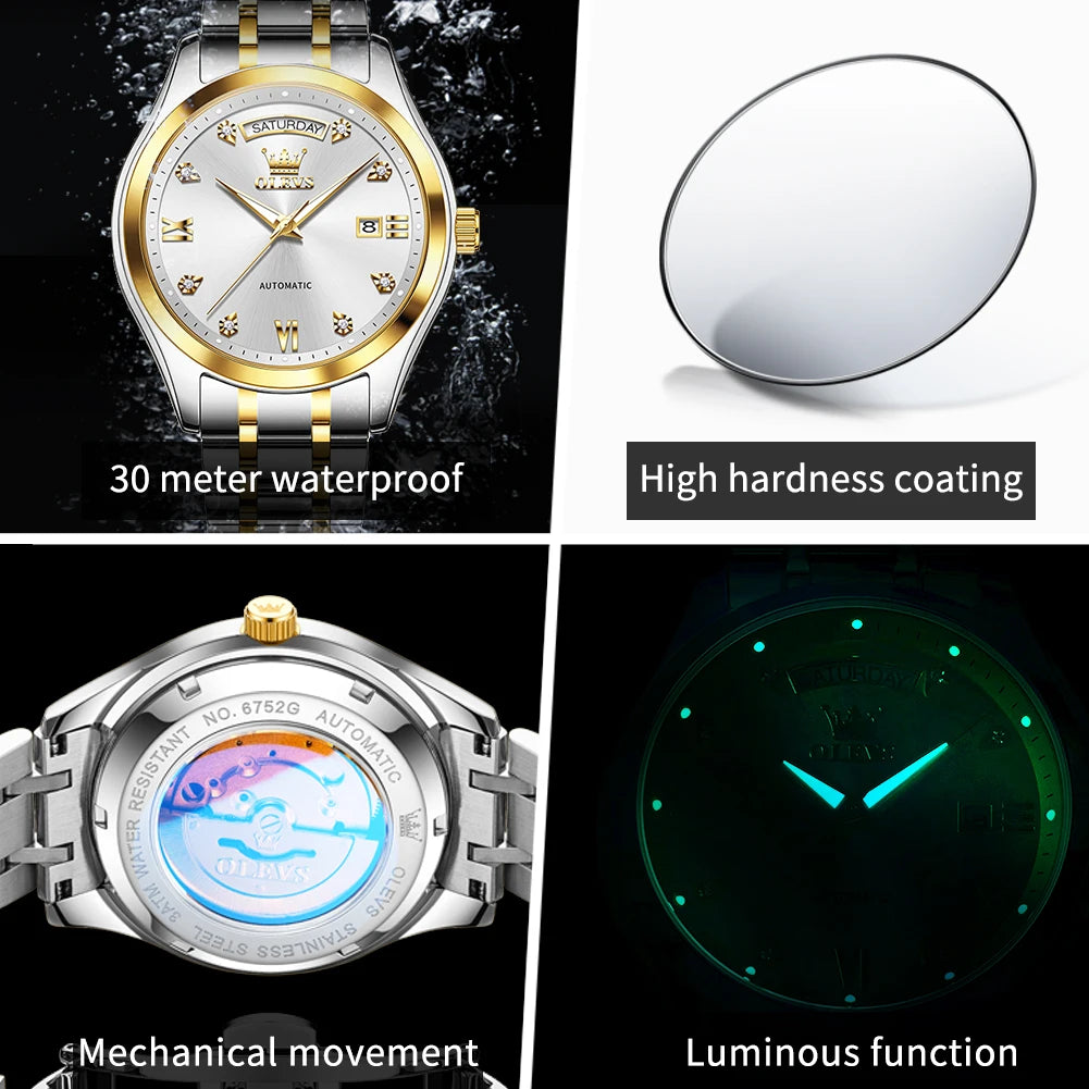 Reloj original de la marca OLEVS 6752 para hombre, reloj mecánico sencillo de lujo con correa de acero y caja de regalo.