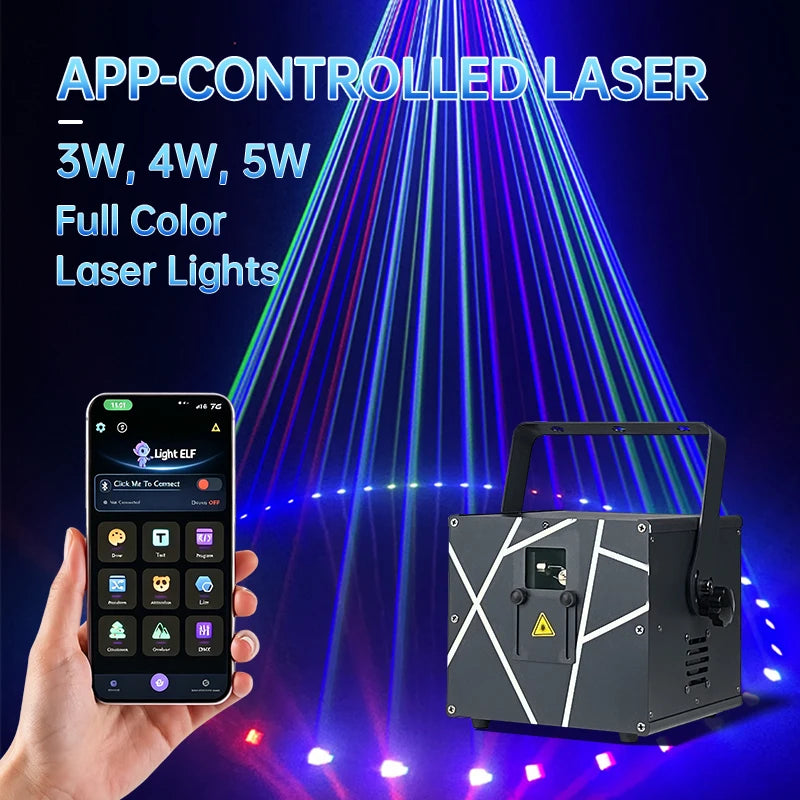 Proyector láser RGB de 5W, 3W, 4W, 6W, control por aplicación móvil Bluetooth, DMX, iluminación de escenario para discoteca, DJ, bar, fiestas, bodas y espectáculos de danza