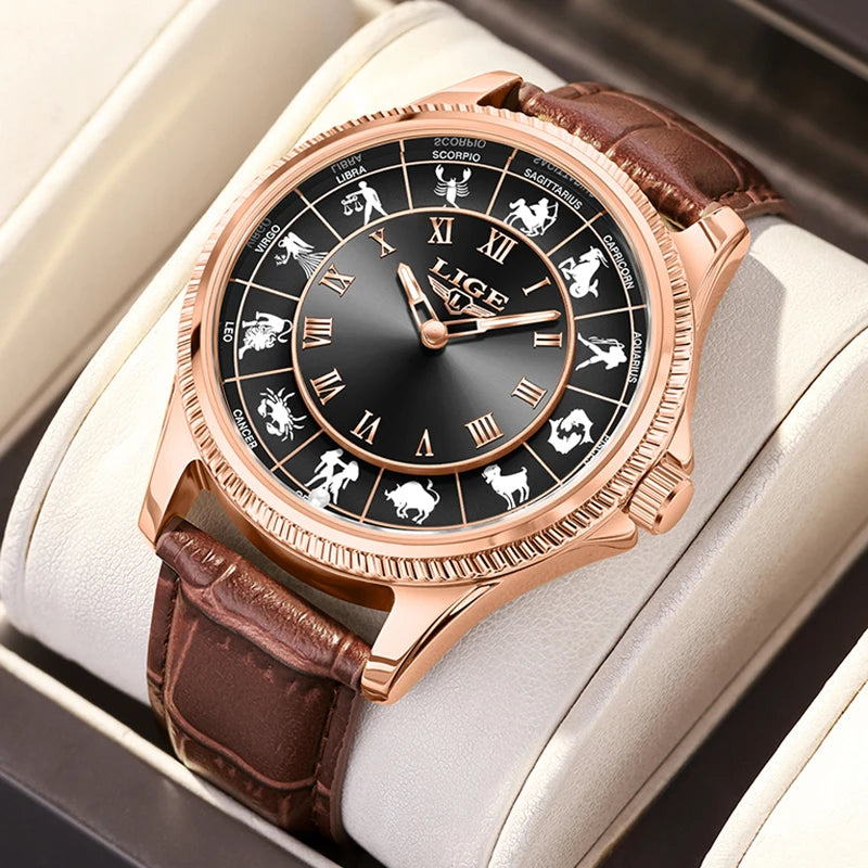 LIGE Zodiac Men Watch Top Brand Luxury Leather Roman Numeral Quartz Watch Men Fashion Business Luminous Wristwatch Gift for Men