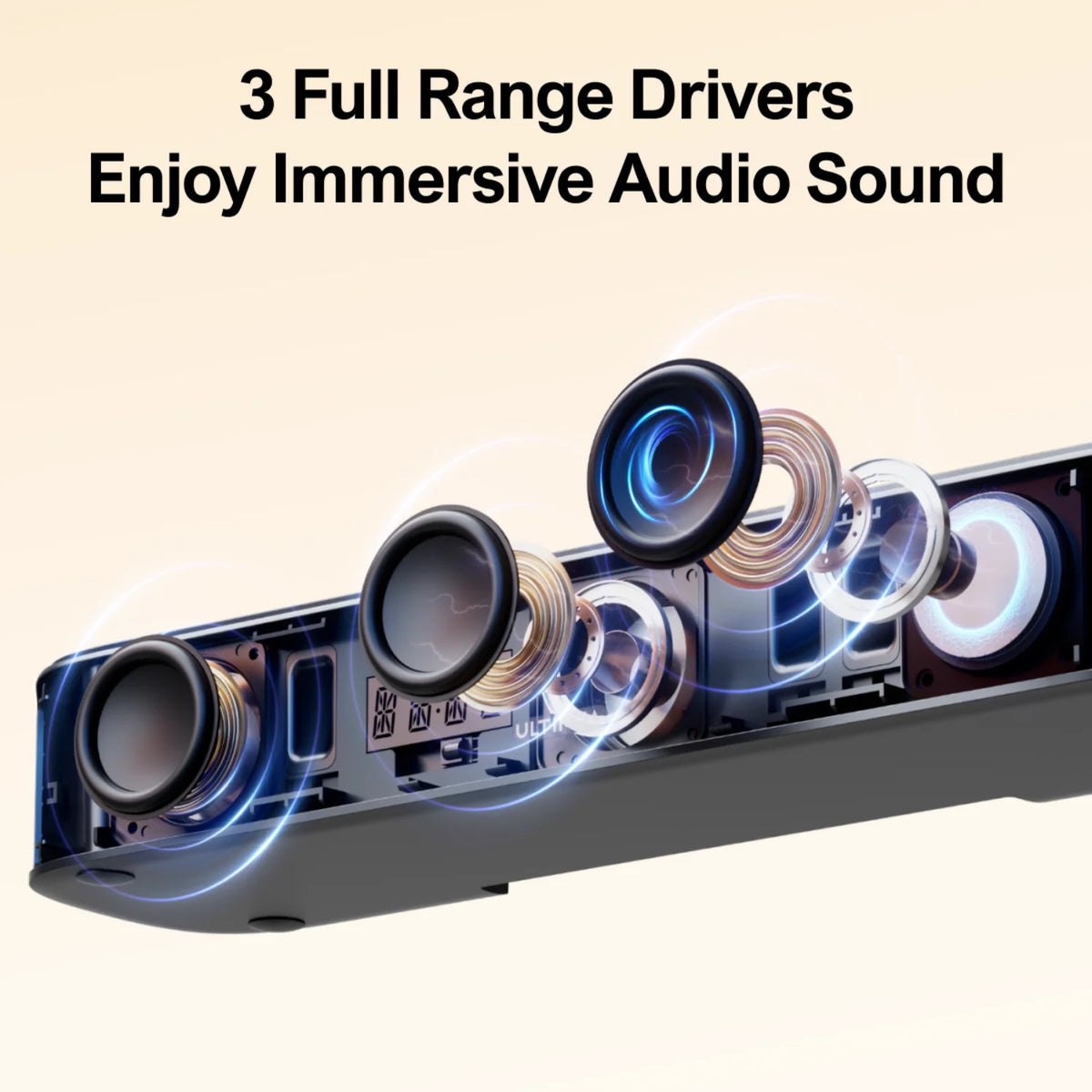 Barra de sonido con tres drivers de rango completo, vista interna con guía luminosa
