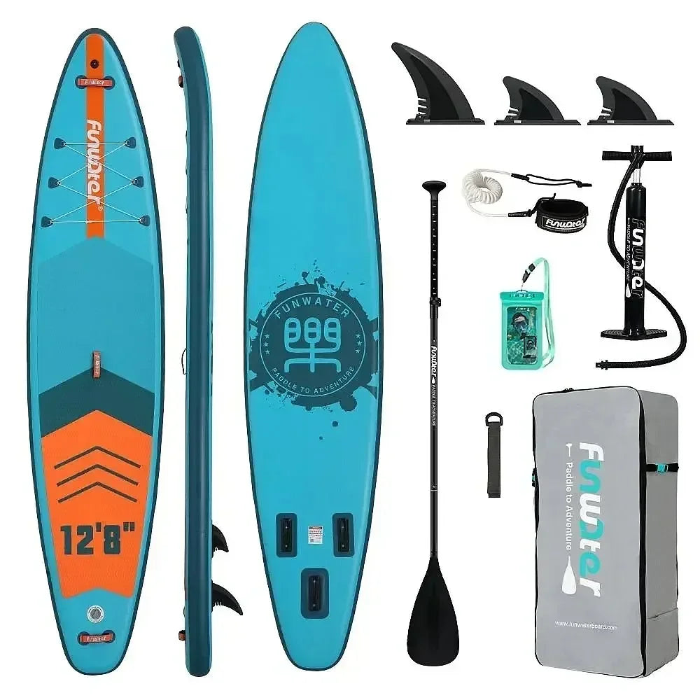 Tabla de Paddle Surf Inflable FunWater SUPFW41B 385x85x15cm para 2 Personas, Capacidad 230kg con 2 Palas, Bomba, Mochila, Correa, Aletas, para Adultos y Niños, Deportes Acuáticos Familiares, Material de Construcción Resist