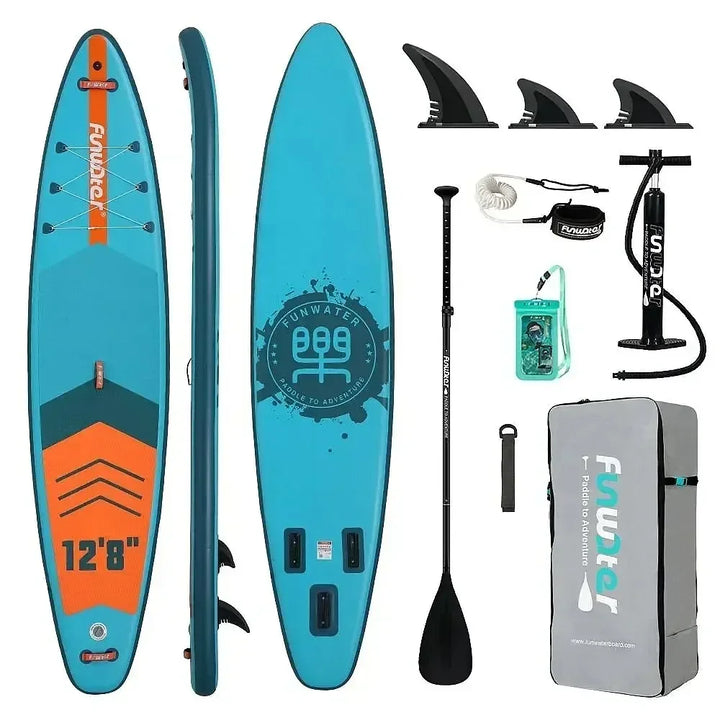 Tabla de Paddle Surf Inflable FunWater SUPFW41B 385x85x15cm para 2 Personas, Capacidad 230kg con 2 Palas, Bomba, Mochila, Correa, Aletas, para Adultos y Niños, Deportes Acuáticos Familiares, Material de Construcción Resist