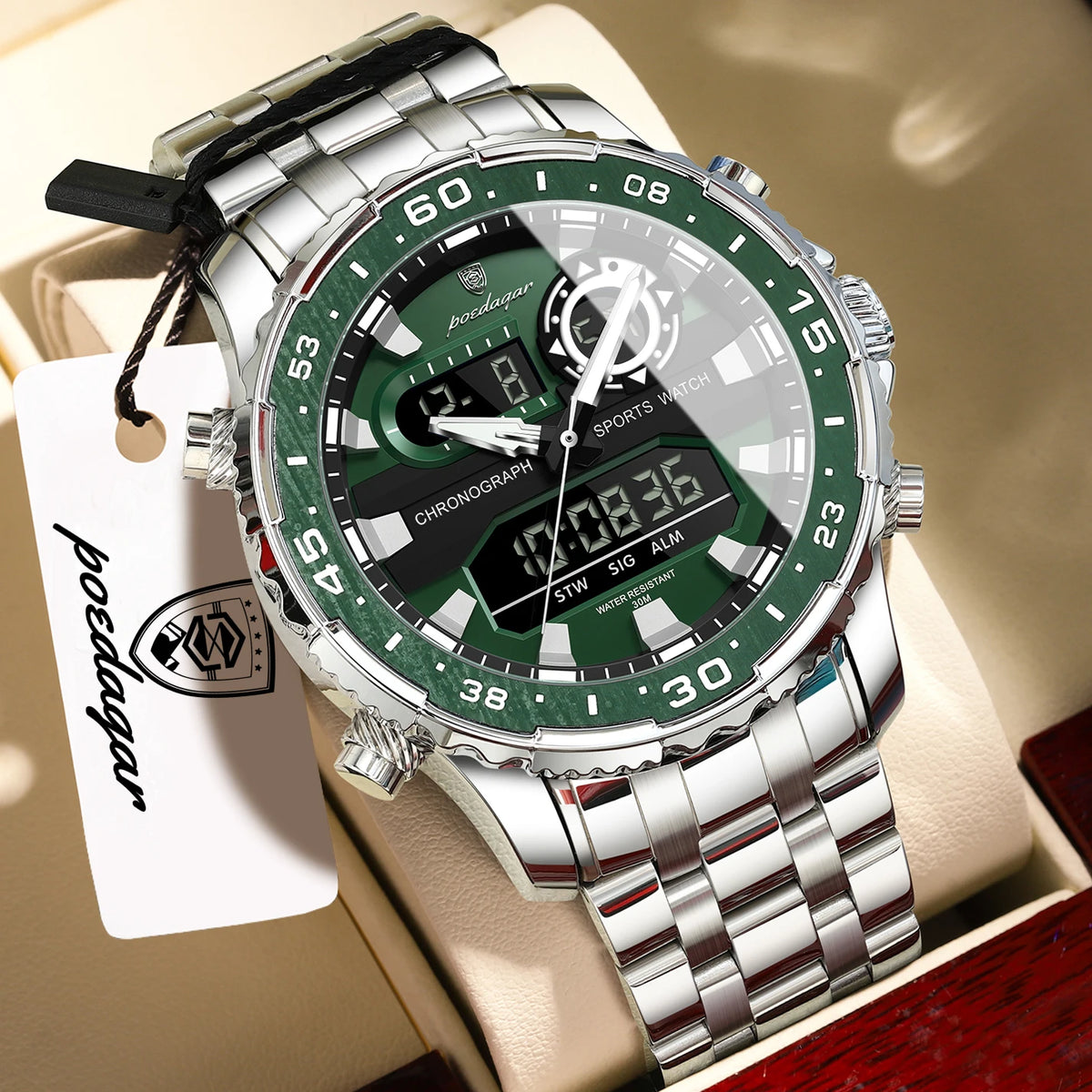 Reloj de cuarzo para hombre POEDAGAR, con fecha y día, pantalla LED electrónica, luminoso, estilo juvenil, con doble hora, reloj deportivo digital para hombre