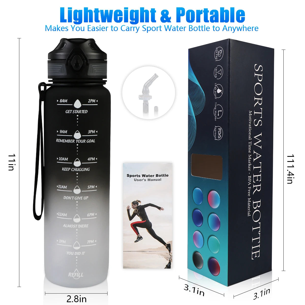 Botellas de agua Lunidry de 1 litro con marcador de tiempo de paja, jarra de agua motivacional, sin BPA, a prueba de fugas, de gran capacidad, para exteriores