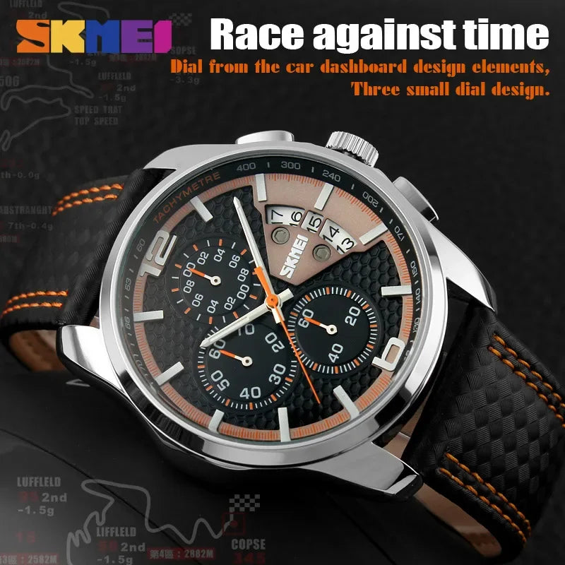 Reloj de pulsera de cuarzo Skmei, marca de lujo con correa de piel, resistente al agua 5Bar, estilo deportivo y elegante para hombre 9106