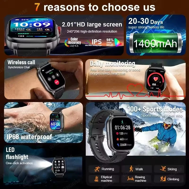 Reloj inteligente con batería grande de 1400 mAh, resistente al agua 5ATM, linterna LED, más de 100 modos deportivos, monitor de frecuencia cardíaca y rastreador de actividad física para hombre