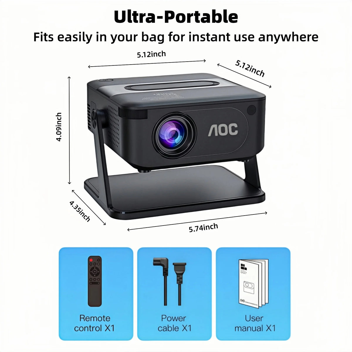 Proyector mini AOC negro con lente frontal; base y accesorios ilustrados.