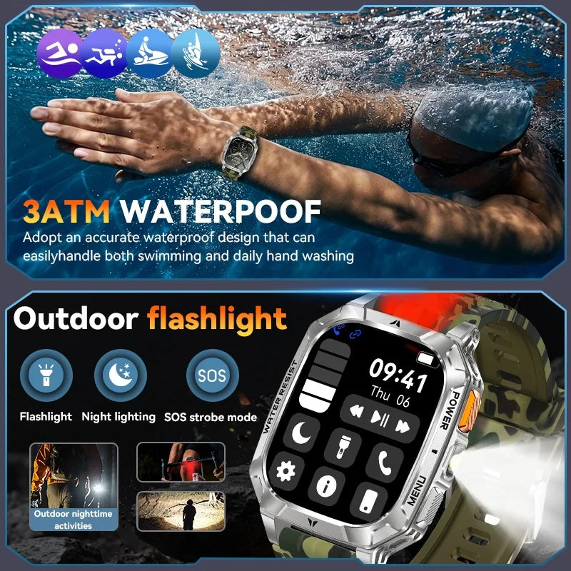 Reloj inteligente militar LIGE de 1400 mAh con batería de larga duración, pantalla HD de 2.01", linterna LED y luz SOS, llamadas BT y monitor de salud para hombre