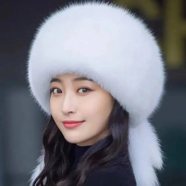 Gorro de piel de zorro auténtica para invierno, gorro de nieve de piel natural para mujer, gorros gruesos para exteriores, gorros rusos para esquiar, gorros bomber de piel blanca.