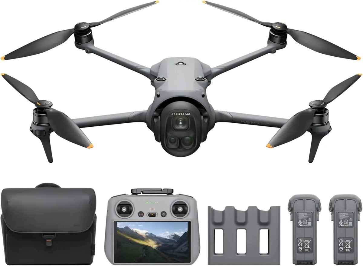Dron y control con pantalla, funda y hub de carga con baterías
