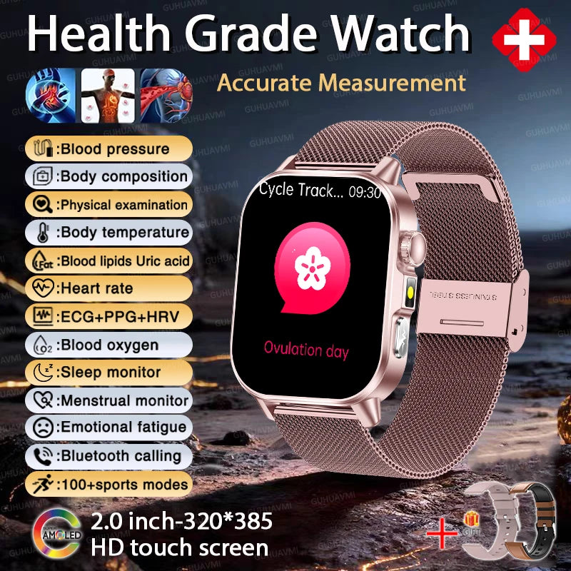 Reloj inteligente de enfermería de alta gama 2026 para hombre, ECG+PPG, presión arterial precisa, lípidos, ácido úrico, pantalla AMOLED de 2.0 pulgadas, reloj de llamadas HD para hombre