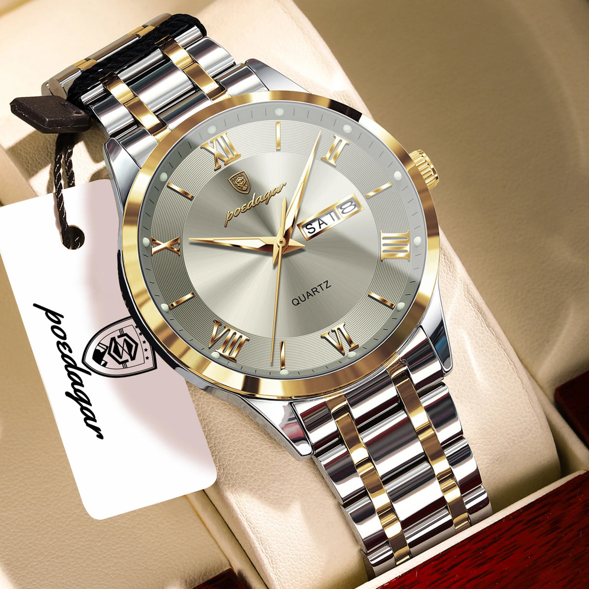 Reloj de pulsera para hombre POEDAGAR de moda, luminoso, impermeable, de acero inoxidable, con fecha y día, de cuarzo para negocios