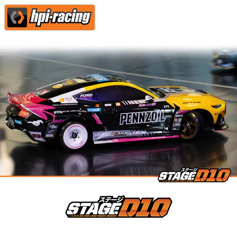 HPI Stage D10 1/10 Coche RC Simulación Mustang BH, Vehículo Eléctrico de Carreras a la Deriva con Control Remoto, Modelo de Colección para Entusiastas