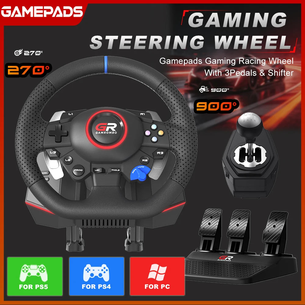 Volante de carreras para juegos F127 con rotación de 270° y 900°, efecto RGB, macros, pedales Hall de 3 vías y palanca de cambios para PS5/PS4/PC