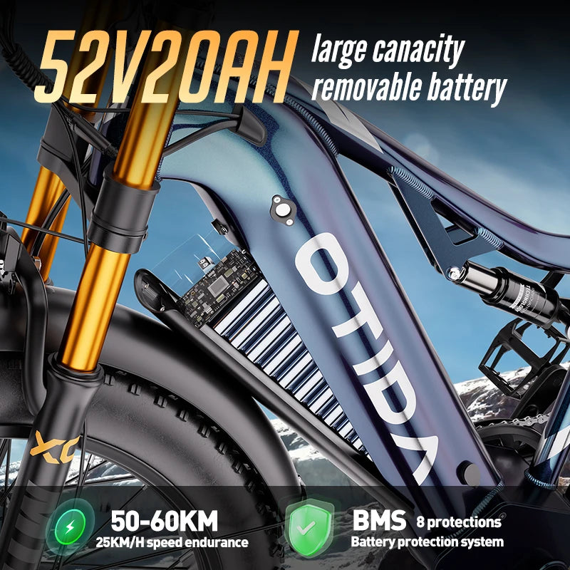 Bicicleta eléctrica potente de doble motor OTIDA S26, batería de 52V20Ah, neumáticos anchos de 26 pulgadas y 4.0, bicicleta eléctrica de montaña MTB para adultos