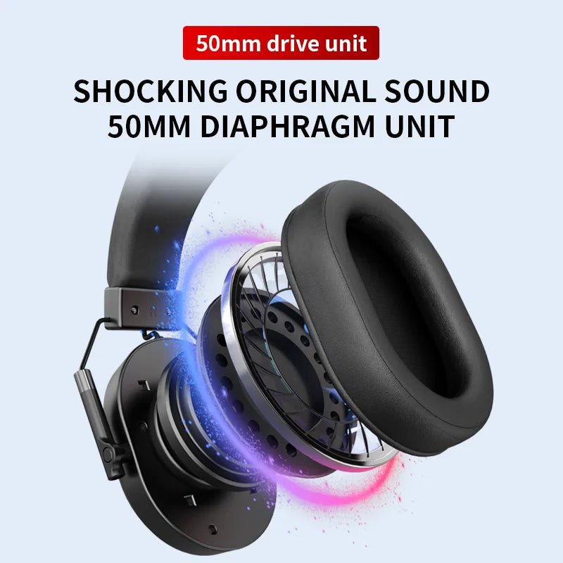 Auriculares gaming negros con unidad de 50 mm y copas acolchadas, aro RGB.