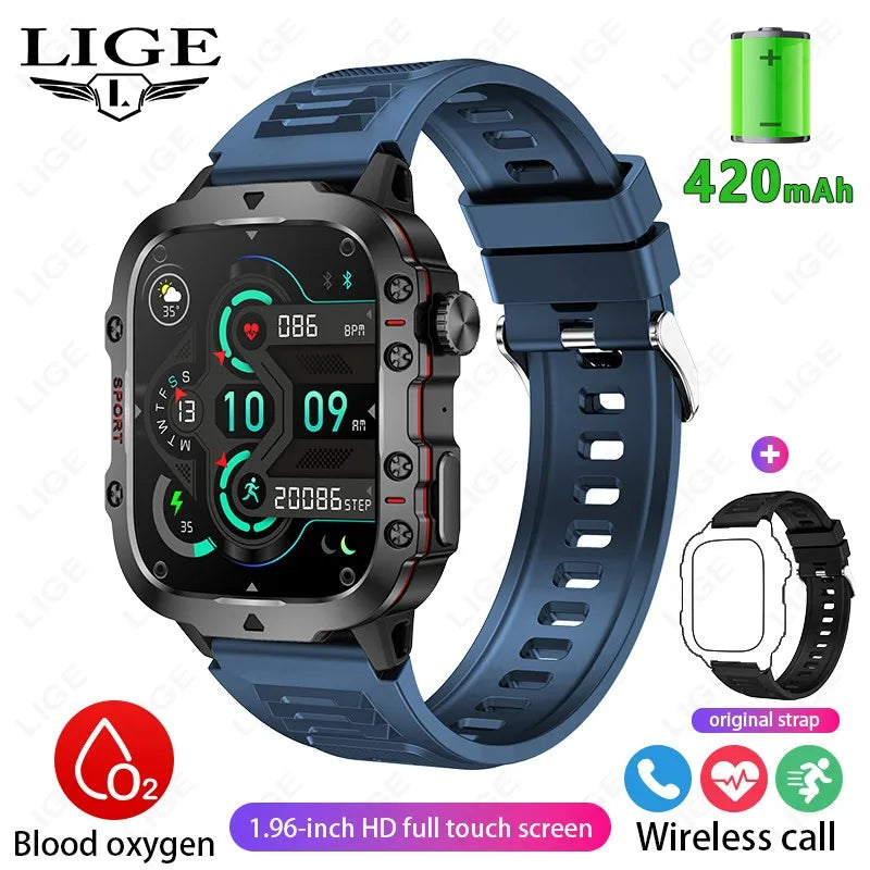 LIGE Nuevo Reloj Inteligente Pantalla de 1.96 Pulgadas 420 mAh Llamada Bluetooth Asistente de Voz Reloj Deportivo Fitness Reloj Inteligente Impermeable para Hombre