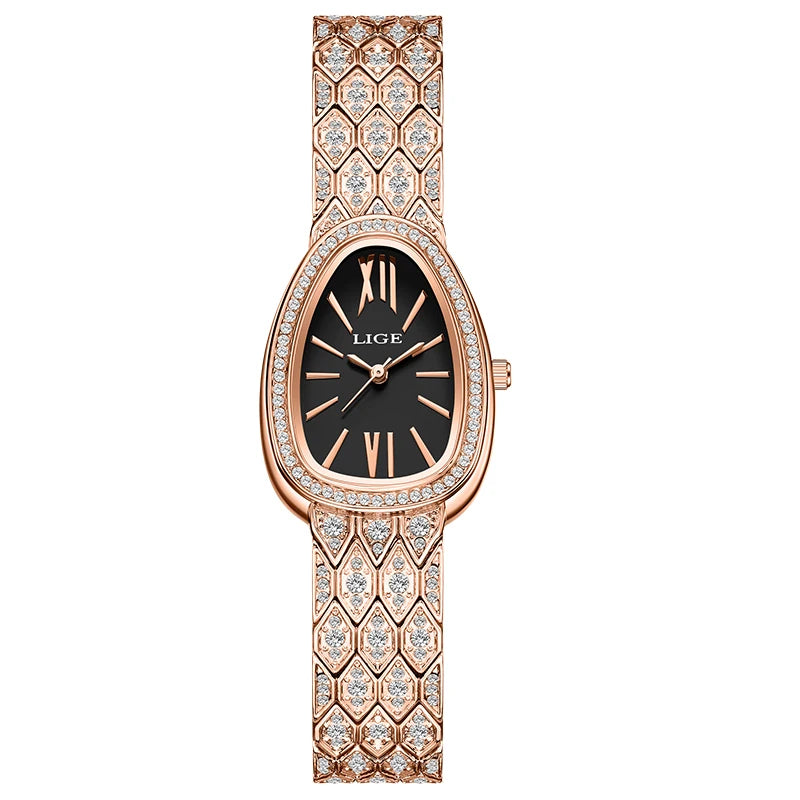Relojes para mujer LIGE, reloj de pulsera de lujo a la moda, con esfera ovalada incrustada de diamantes y números romanos, reloj de cuarzo para mujer