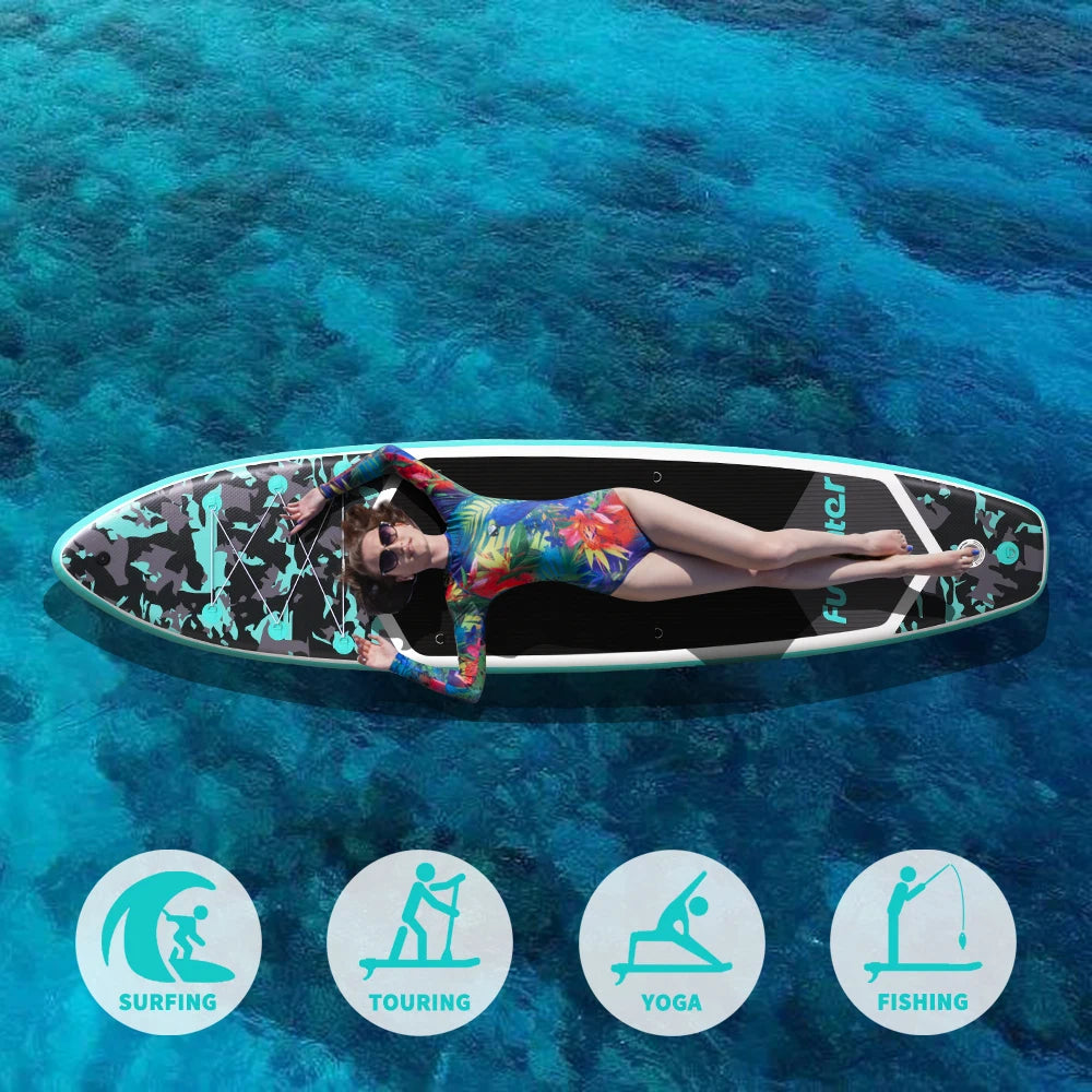 Tabla de paddle surf Funwater SUPFW32C, 350x84x15 cm, 180 kg+, SUP hinchable de camuflaje negro y turquesa para lagos, bahías tranquilas, yoga y pesca, paddleboard con soporte para cámara y accesorios
