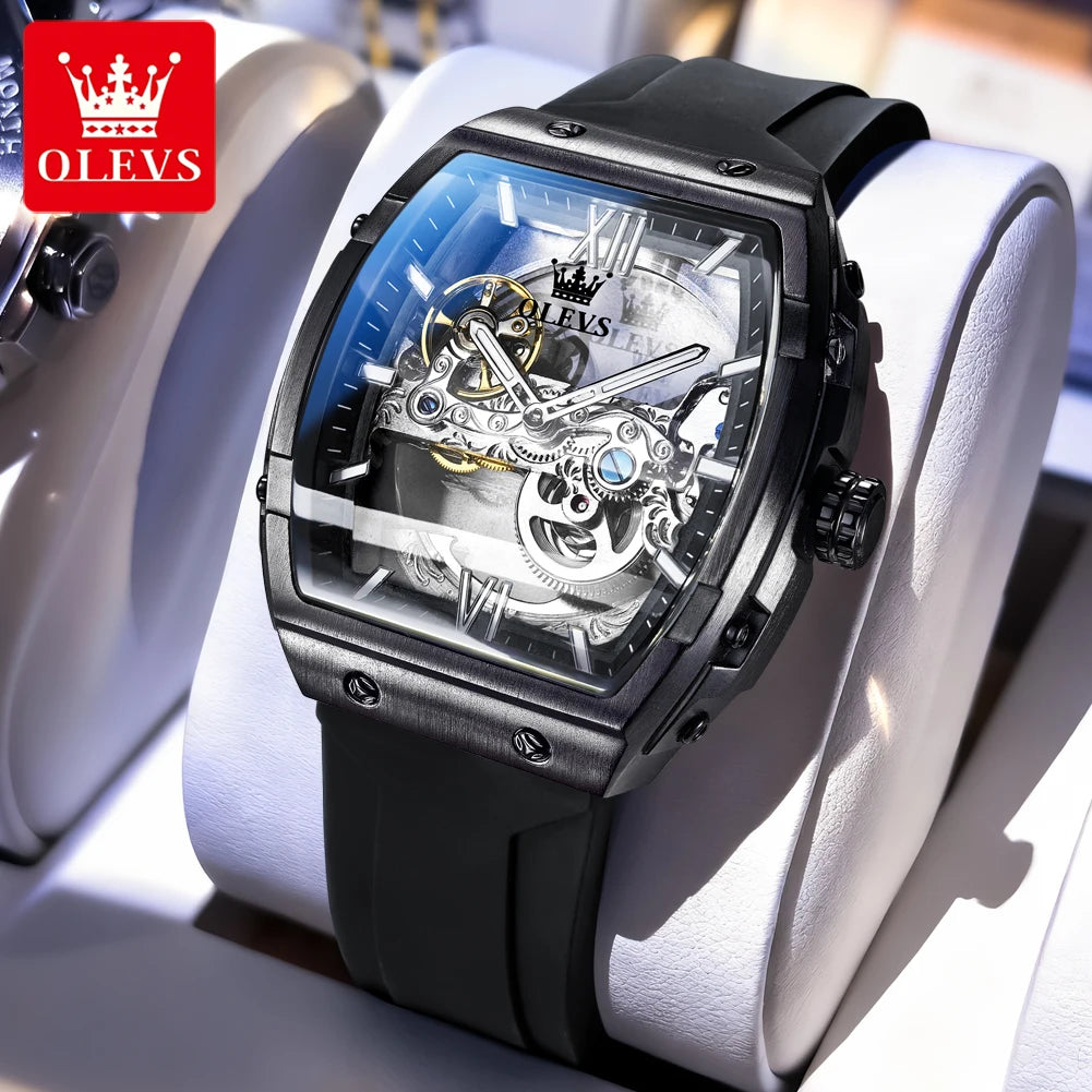 Reloj automático para hombre OLEVS 6779, esfera grande de 50 mm, diseño esqueleto, resistente al agua, correa de silicona, reloj mecánico para hombre