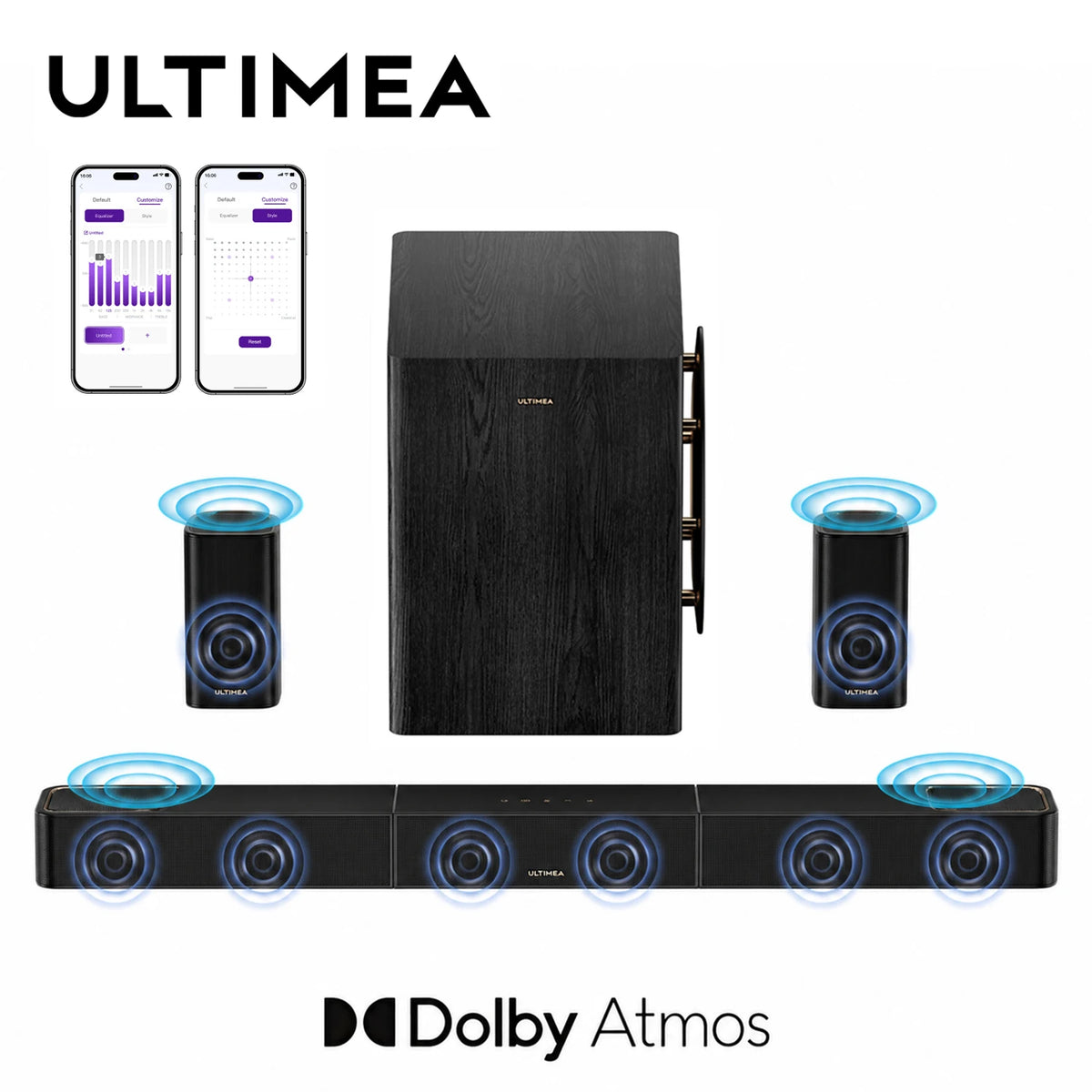 Barra de sonido negra con altavoces inalámbricos y subwoofer cilíndrico del sistema 7.1.4