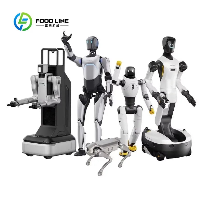 Robot humanoide blanco con detalles azules junto a estación y dispositivo de control.