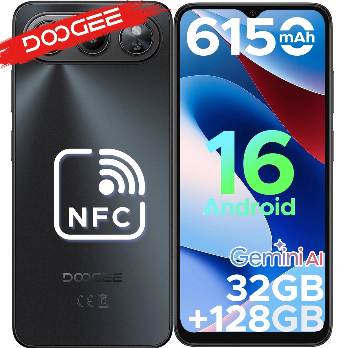 Smartphone DOOGEE Note 60 Android 16, Inteligencia Artificial Gemini, batería de 6150 mAh, 6,56 pulgadas, 32 GB de RAM (3 GB + 29 GB), 128 GB de ROM, cámara principal de 13 MP, compatible con NFC y Google Pay