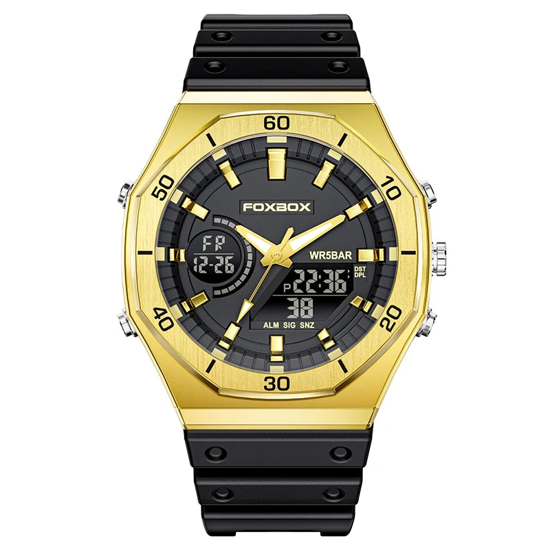FOXBOX New Dual display Watches For Men Casual Sports Chronograph Quartz Big Dial Wrist Watch Silicone Waterproof Digital Clock