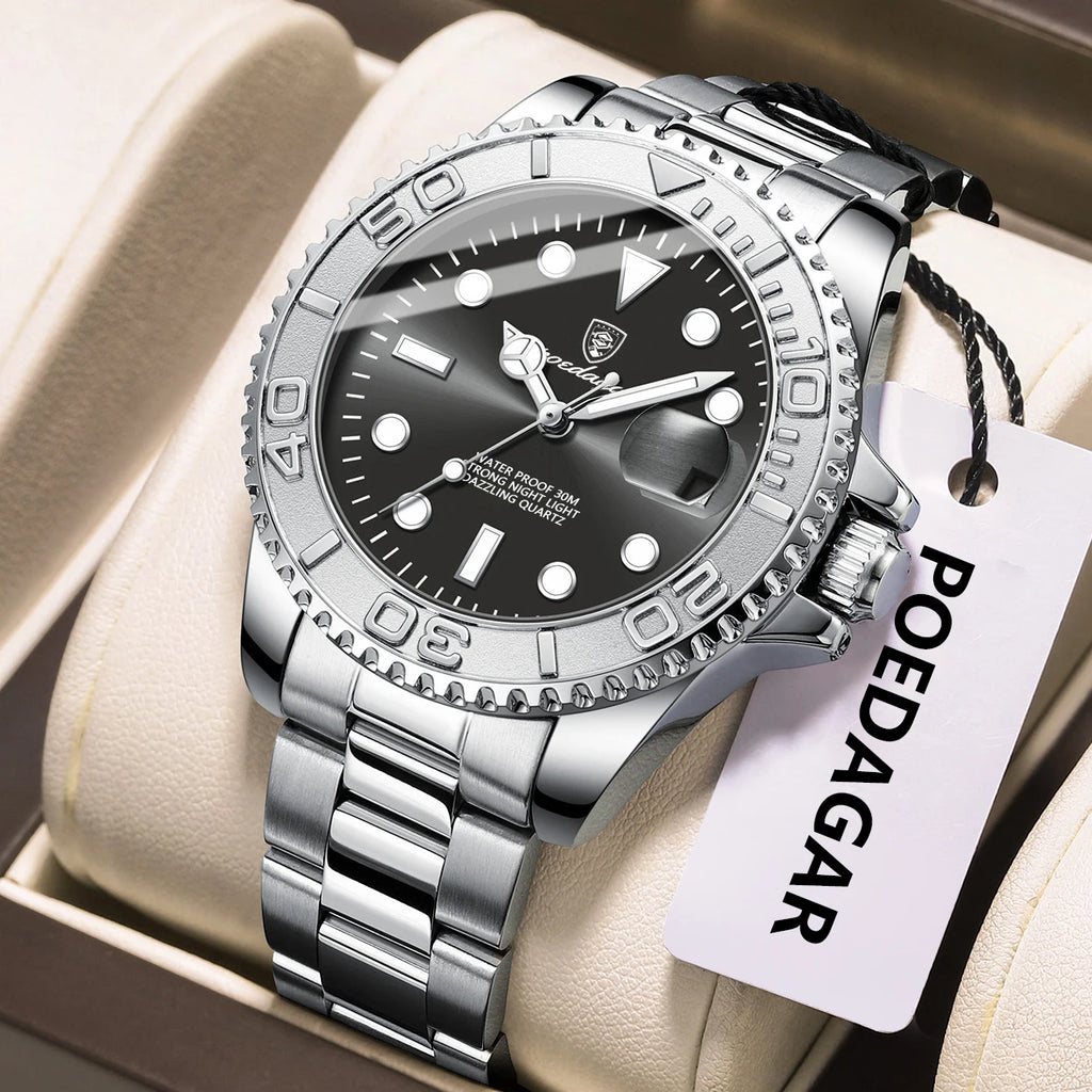 POEDAGAR Reloj de Hombre de Lujo Superior Impermeable Luminoso Fecha Reloj de Hombre de Acero Inoxidable Reloj de Cuarzo para Hombre Deportivo de Moda