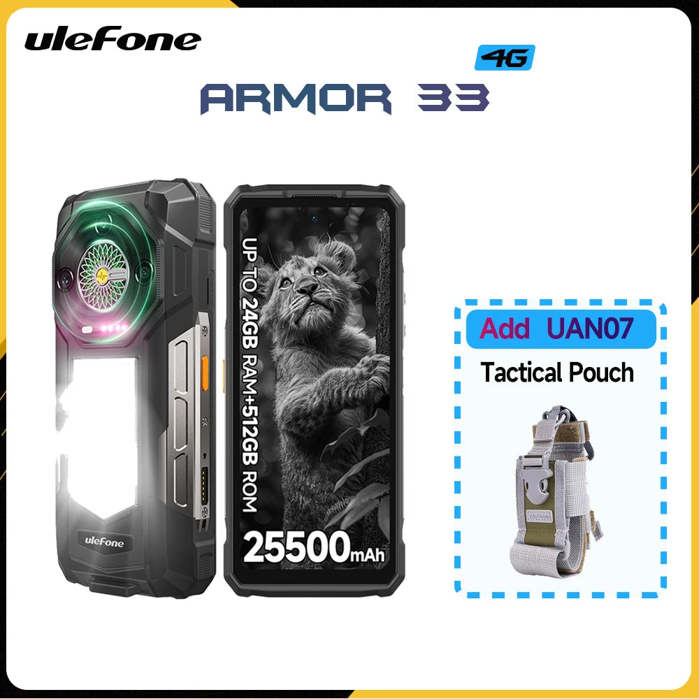 Teléfono inteligente resistente Ulefone Armor 33, Android 15, 24 GB+512 GB, LED versátil, NFC, carga rápida de 66 W, 25500 mAh, altavoz potente, 120 Hz