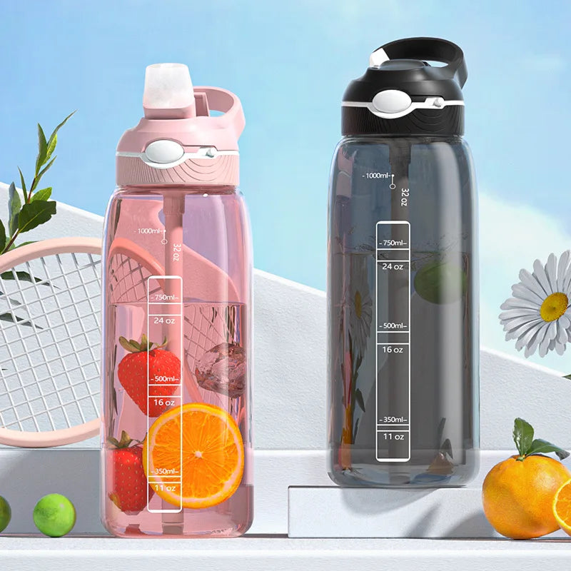 Botella de agua portátil de gran capacidad de 1L, botellas de agua deportivas con pajita, Material Tritan para hombres y mujeres, sin BPA para gimnasio, Camping, Tour