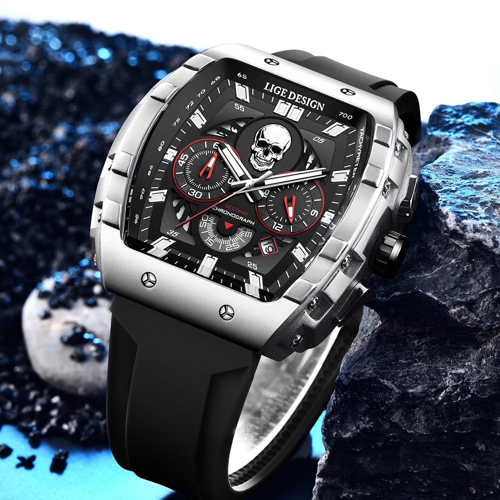 Reloj de hombre marca LIGE con esfera de calavera esqueleto, reloj deportivo militar para hombre, reloj de pulsera de cuarzo impermeable, casual, de moda y de lujo + caja