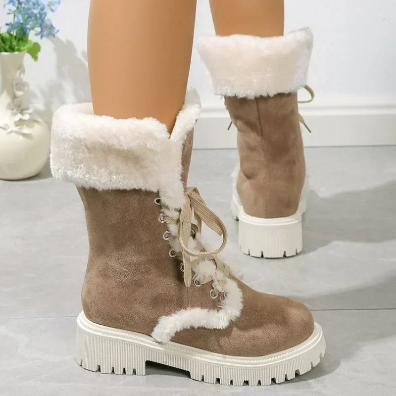 Botas de nieve gruesas de felpa para mujer, botines con plataforma de piel sintética para invierno, botas de nieve con cordones a media pantorrilla, zapatos de algodón grueso