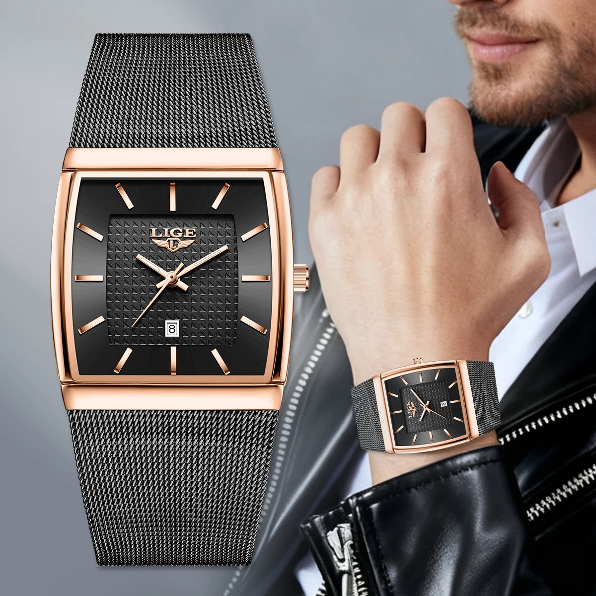 Relojes de lujo LIGE 2026 para hombre, moda, negocios, oro rosa, negro, ultrafinos, malla, resistentes al agua, luminosos, relojes de cuarzo para hombre