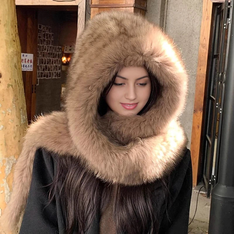 Gorro de invierno con forro de piel de zorro auténtica, gorro con bufanda integrada, gorro cálido y de diseño moderno, gorro de piel de zorro de doble cara, con forro de felpa gruesa y protección para las orejas.