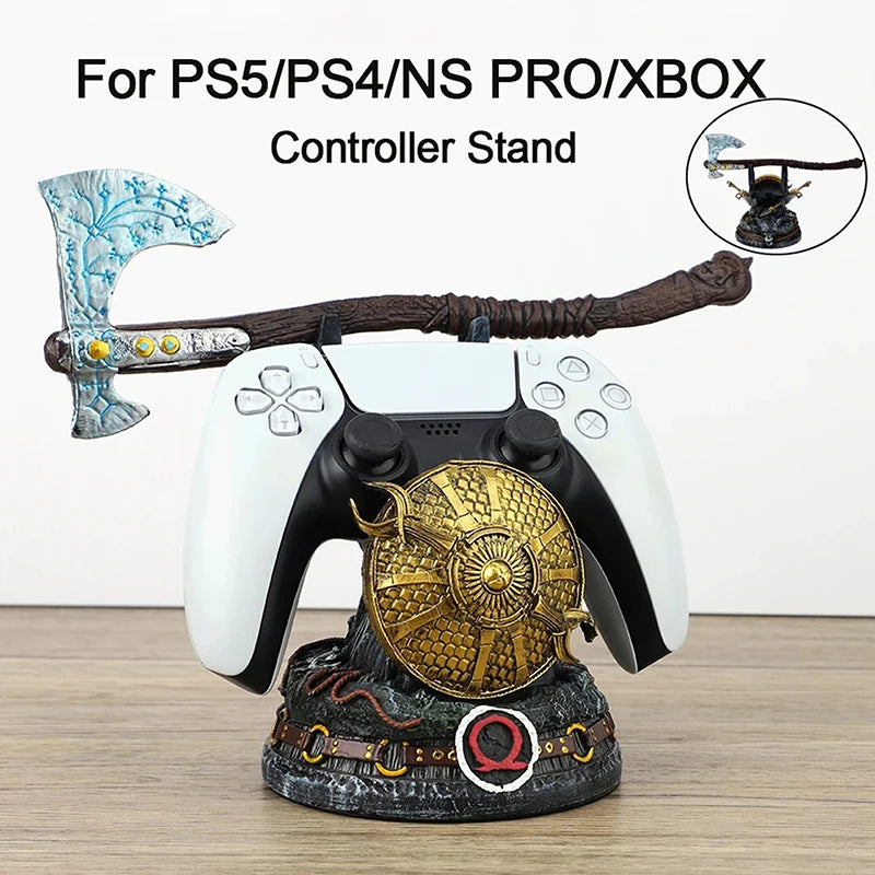 Soporte para controlador PS con mando blanco, hacha plateada y escudo dorado