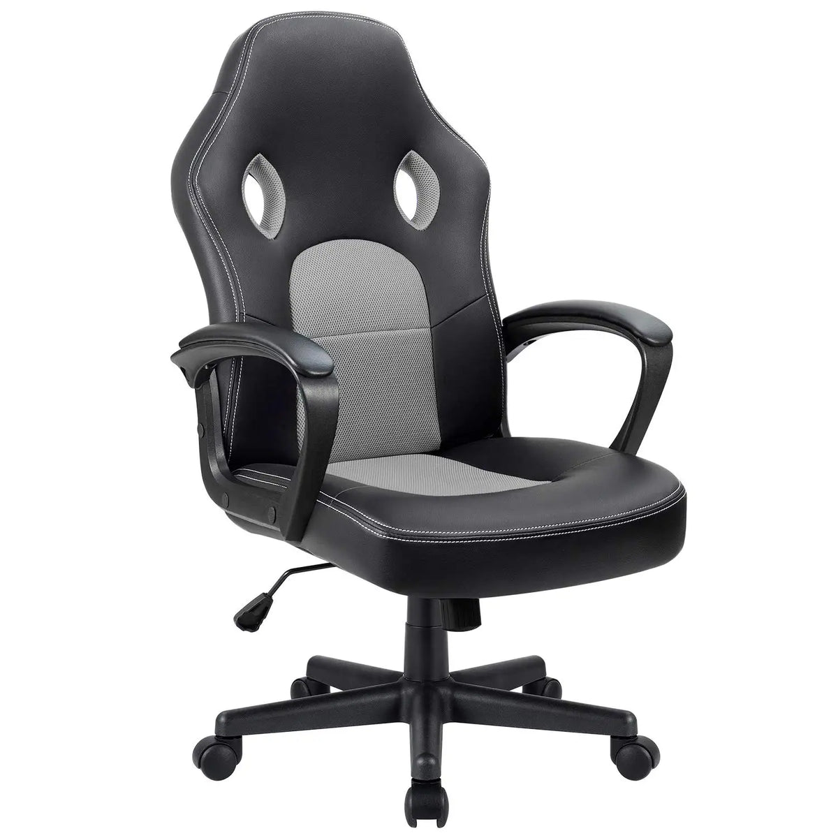 Silla gamer giratoria negra con reposabrazos acolchados y respaldo con soporte lumbar gris