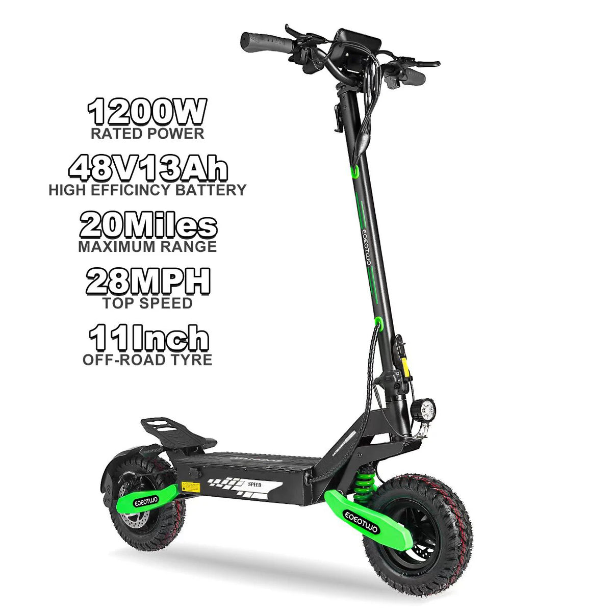 Patinete eléctrico todoterreno plegable negro con ruedas sin cámara de 11" y detalles verdes