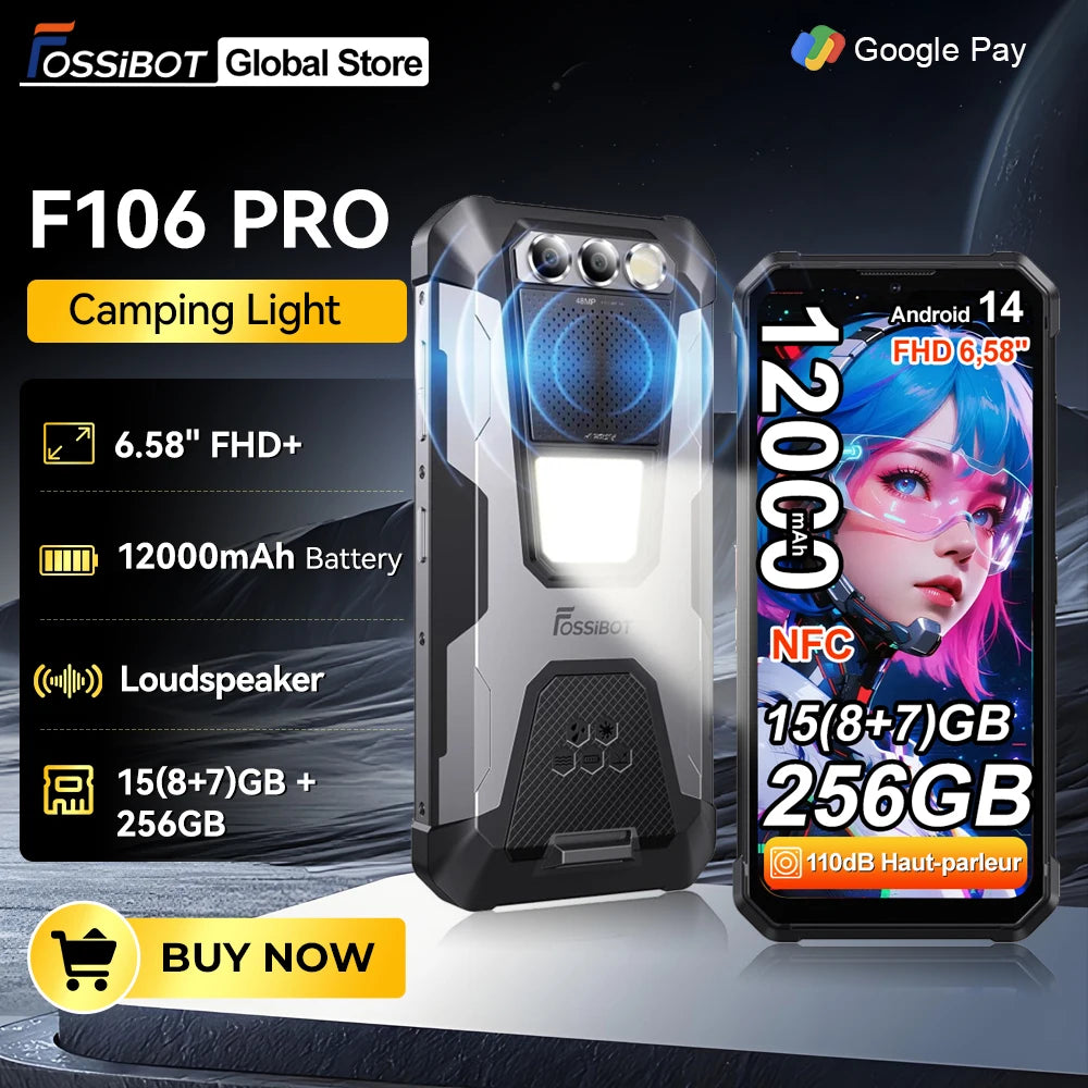 Smartphone resistente FOSSiBOT [F106 Pro] 15GB(8+7) RAM 256GB ROM 12000mAh 6.58” FHD Android 14 Altavoz potente Luz para acampar