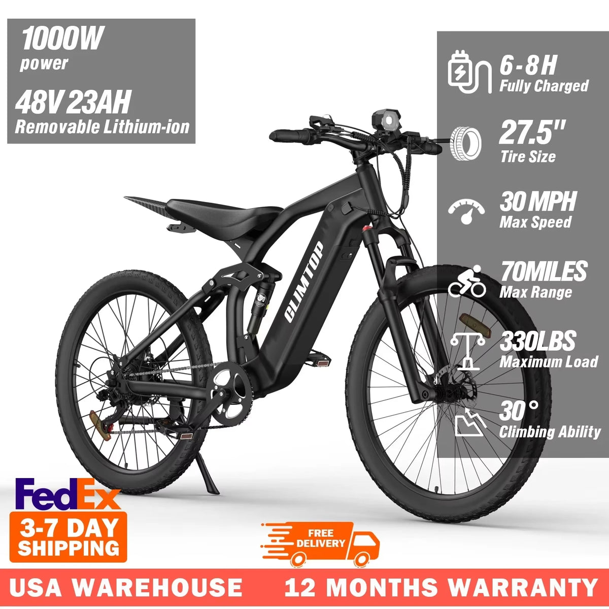 CLIMTOP Q31 Electric Bike for Adults 1000W Motor 48V 23Ah Lithium Battery 27.5" E-bike Full Suspension Bicycle for Mountains Road