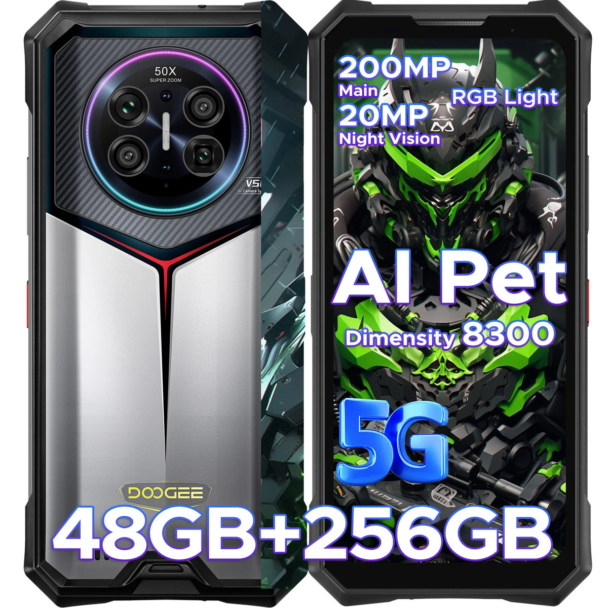 Teléfono resistente DOOGEE V50 AI 5G 52 GB de RAM (16+36) 512 GB de ROM, Dimensity 8300, cámara de 200 MP, cámara de visión nocturna de 20 MP, Android 16, compatible con Walkie Talkie y luz ambiental RGB