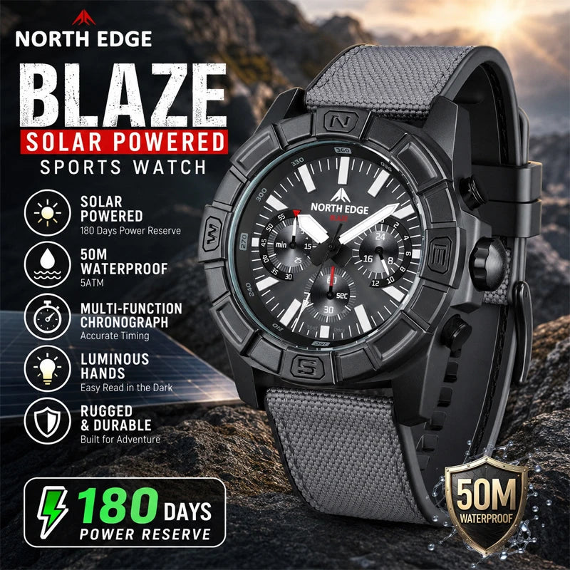 NORTH EDGE BLAZE 2026 Relojes para hombre, energía solar, caja de acero inoxidable 316, reloj de cuarzo para hombre, estilo piloto, resistente al agua 50m, cronómetro