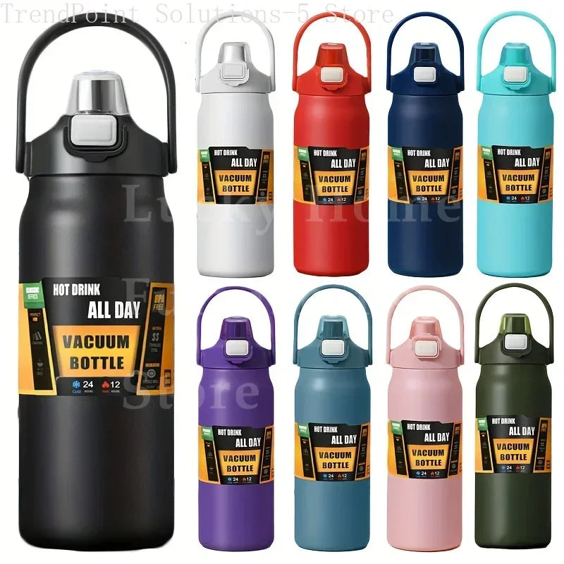 Botella térmica de acero inoxidable de gran capacidad, 1,2 litros, con aislamiento, doble tapa, pajita integrada, ideal para el gimnasio y para llevar agua.