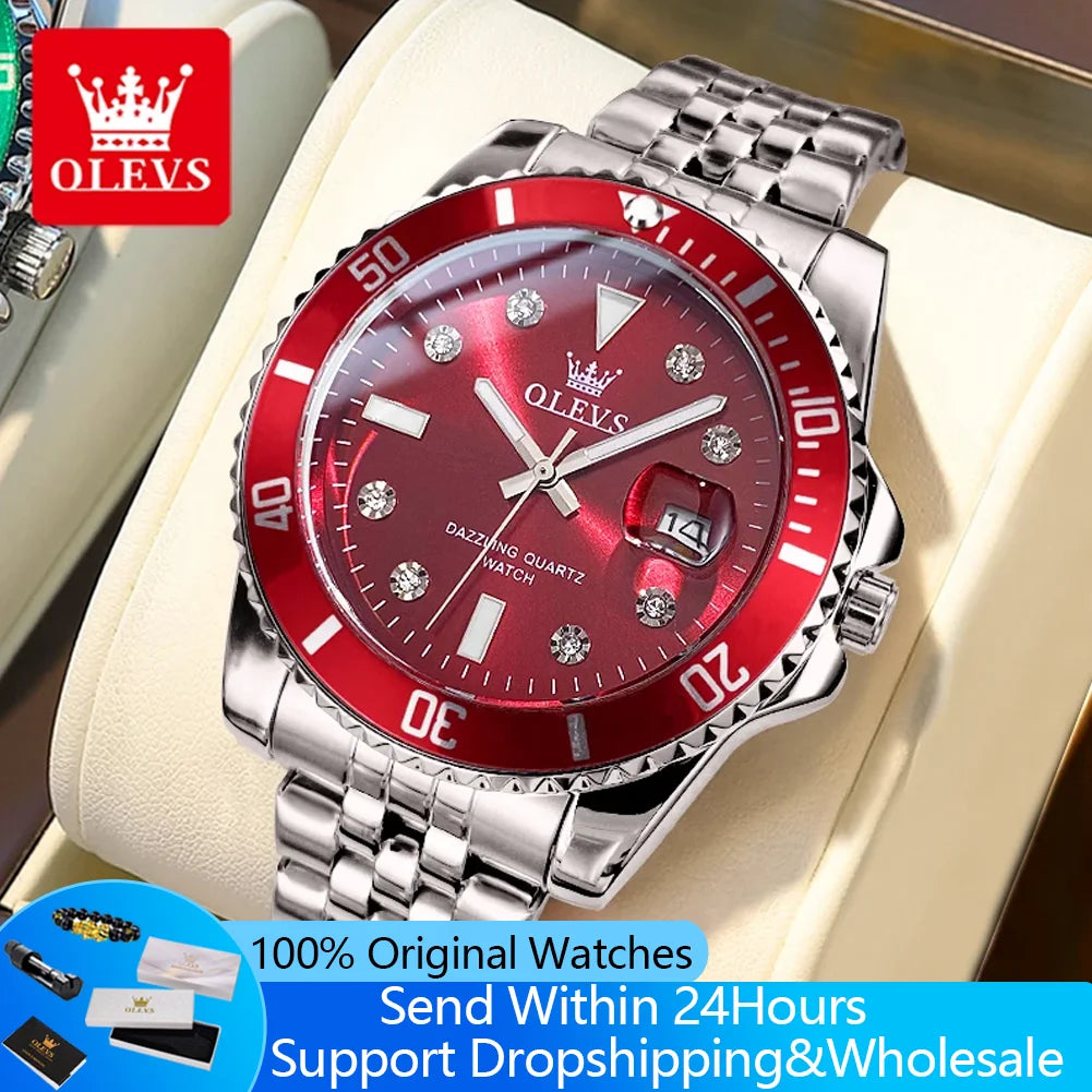 Reloj OLEVS 9809 para hombre, original, resistente al agua, luminoso, de cuarzo, de acero inoxidable, de marca reconocida, con calendario, estilo ejecutivo