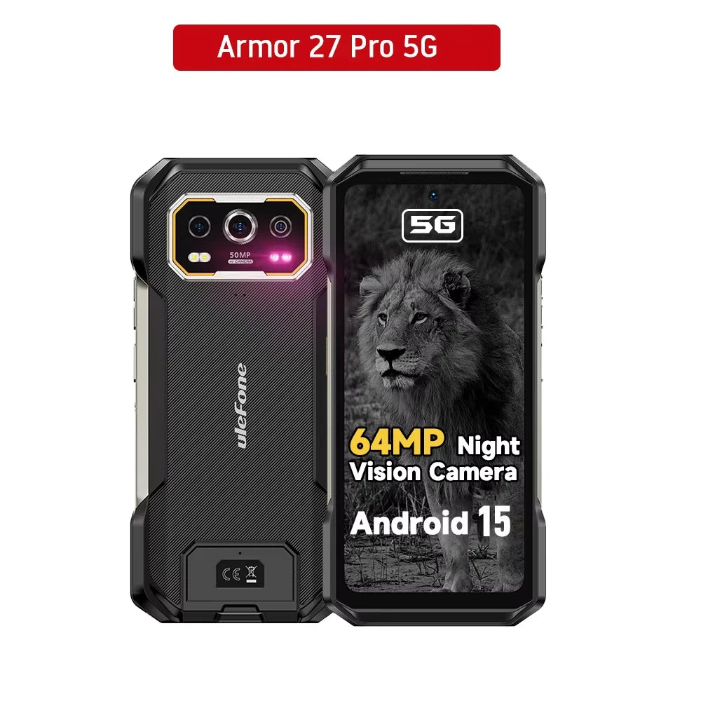 Teléfono resistente Ulefone Armor 27 Pro 5G, smartphone de 10600 mAh, cámara de 50 MP, visión nocturna de 64 MP, Android 15, hasta 24 GB+256 GB, NFC, teléfono resistente al agua