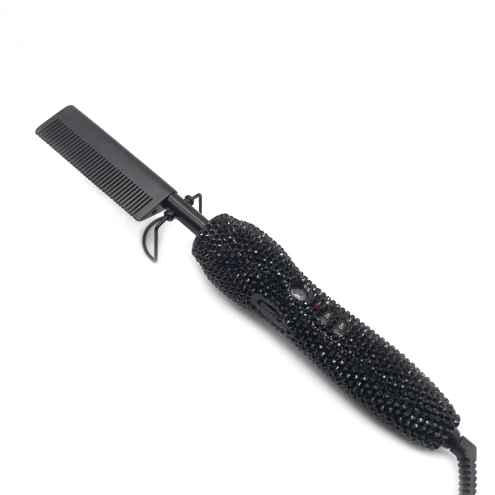 Peine Eléctrico Caliente para Pelucas Lace Front, Peine Alisador con Diamantes Anti-Quemaduras y 5 Temperaturas Ajustables