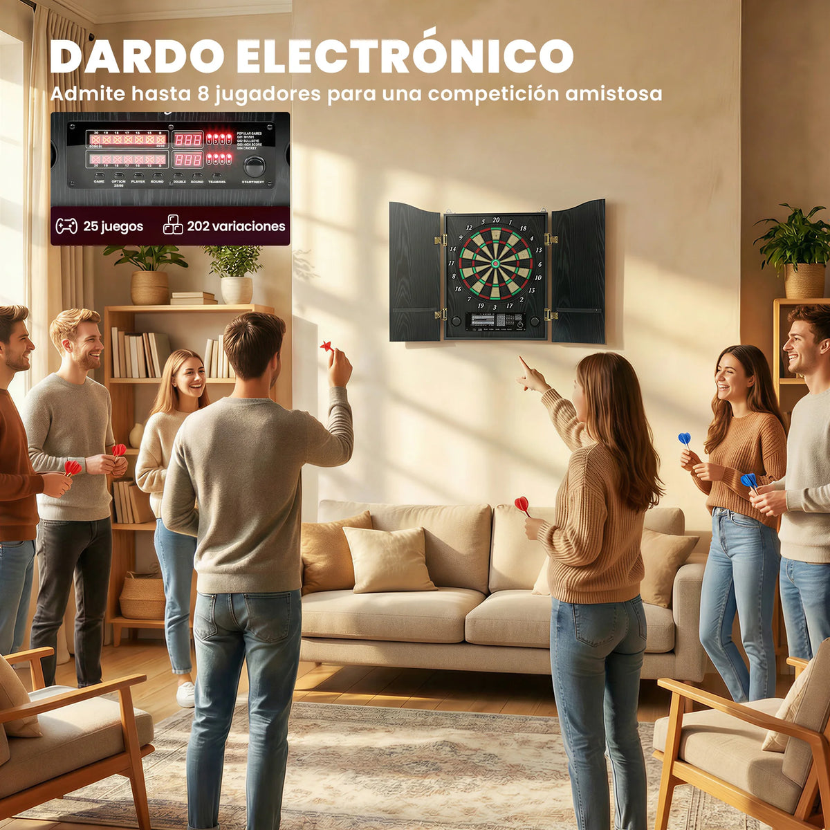 Sportnow Electronic Dart Board with 6 Soft Tip Darts and 24 Replacement Tips 2 Led Screens Voice Announcements up to 8 Players Wall Dart Board with 25 Games 202 Variations Wooden Doors