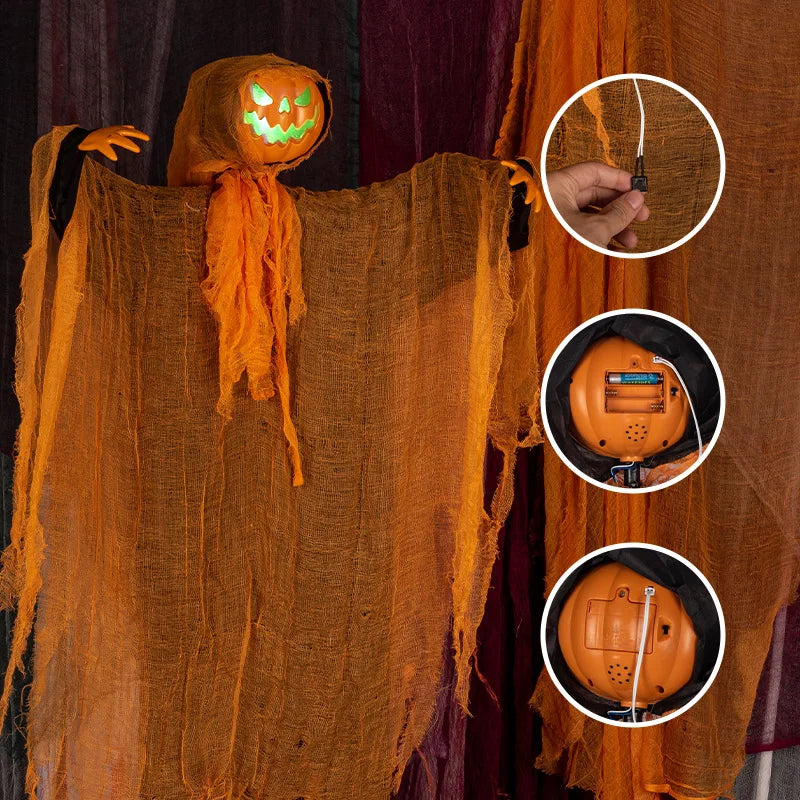 Decoración de Halloween: Calabaza Demonio Luminosa, Espantapájaros Colgante, Calabaza con Cabeza Giratoria, Decoración de Terror para el Hogar y Jardín