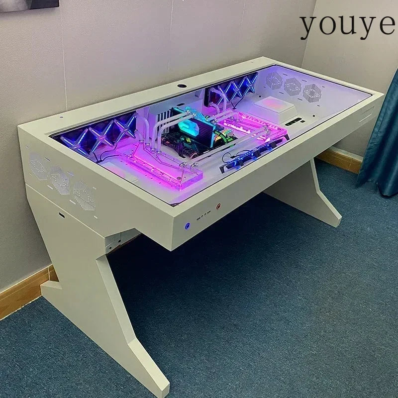Escritorio con carcasa para PC con panel de vidrio y luces RGB azules y rosas